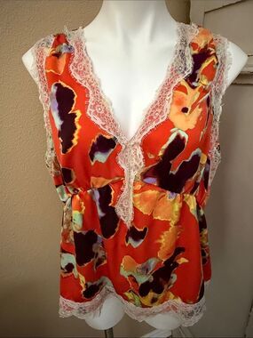 Rebecca Minkoff Red-Orange Lace Trim Sleeveless Blouse